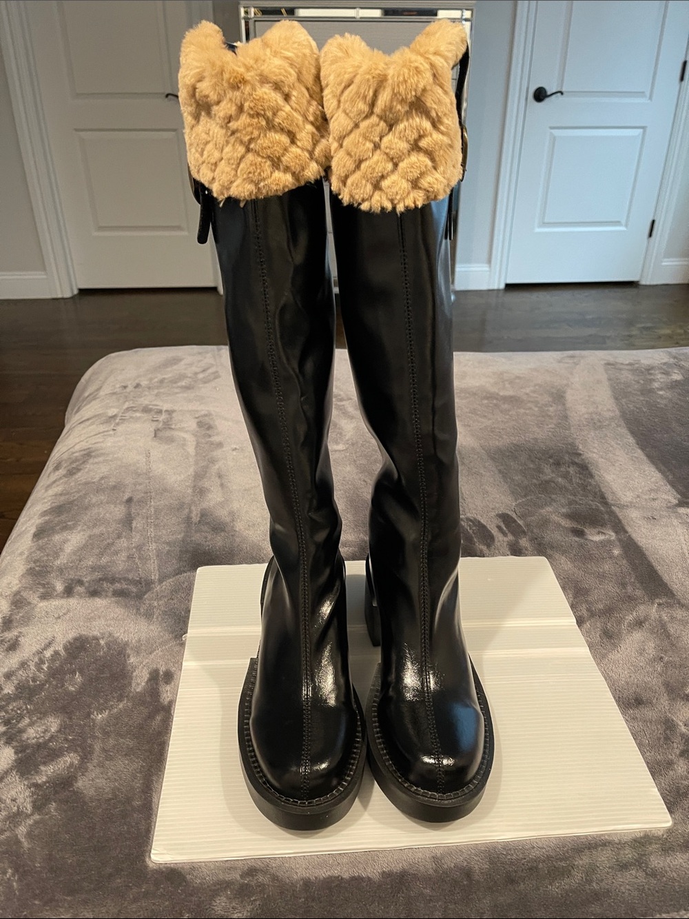 Black Knee-High Boots with Tan Faux Fur Cuff faux leather